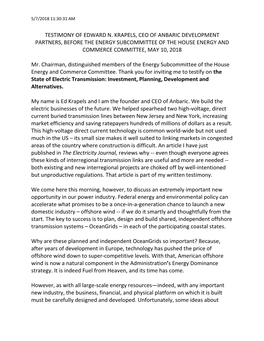 Testimony of Edward N. Krapels, Ceo of Anbaric Development Partners, Before the Energy Subcommittee of the House Energy and Commerce Committee, May 10, 2018