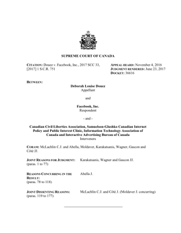 SUPREME COURT of CANADA CITATION: Douez V. Facebook, Inc