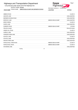 Highways and Transportation Department Page 1 List Produced Under Section 36 of the Highways Act