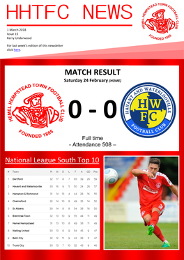 MATCH RESULT Saturday 24 February (HOME)