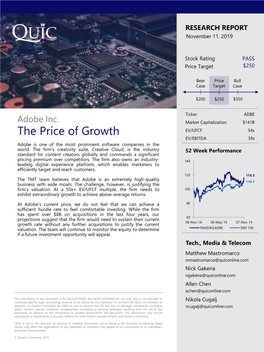 The Price of Growth EV/UFCF 54X EV/EBITDA 39X Adobe Is One of the Most Prominent Software Companies in the World