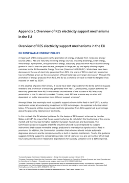 Appendix 1 Overview of RES Electricity Support Mechanisms in the EU Overview of RES Electricity Support Mechanisms in the EU