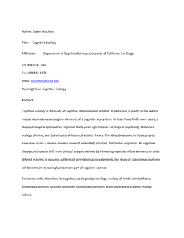 Author: Edwin Hutchins Title: Cognitive Ecology Affiliation: Department of Cognitive Science, University of California San Dieg