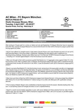 AC Milan - FC Bayern München MATCH PRESS KIT Stadio Giuseppe Meazza, Milan Tuesday, 3 April 2007 - 20:45CET Quarter-Finals, First Leg - Matchday 9