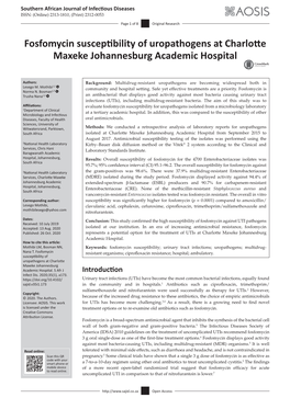 Fosfomycin Susceptibility of Uropathogens at Charlotte Maxeke Johannesburg Academic Hospital