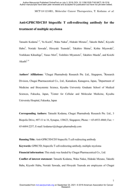 Anti-GPRC5D/CD3 Bispecific T Cell-Redirecting Antibody for the Treatment of Multiple Myeloma