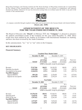 Meituan 美團 (The “Company”) Is Pleased to Announce the Audited Consolidated Results of the Company for the Year Ended December 31, 2020