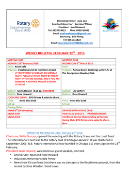 WEEKLY BULLETIN, FEBRUARY 22Nd 2016