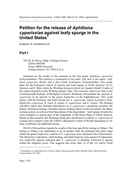 Petition for the Release of Aphthona Cyparissiae Against Leafy Spurge in the United States1