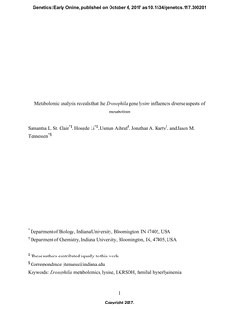 Metabolomic Analysis Reveals That the Drosophila Gene Lysine Influences Diverse Aspects of Metabolism