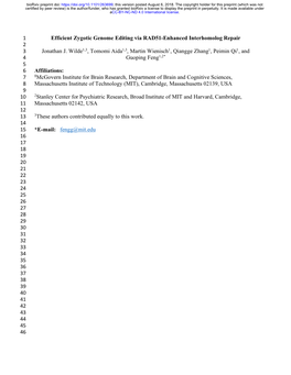 Efficient Zygotic Genome Editing Via RAD51-Enhanced Interhomolog Repair 2 3 Jonathan J