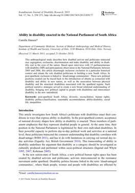 Ability in Disability Enacted in the National Parliament of South Africa Camilla Hansen*