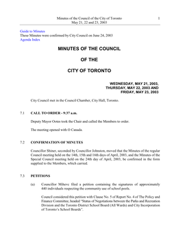 Minutes of the Council of the City of Toronto 1 May 21, 22 and 23, 2003