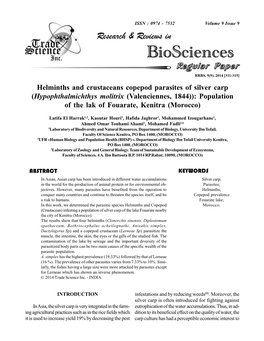 Helminths and Crustaceans Copepod Parasites of Silver Carp (Hypophthalmichthys Molitrix (Valenciennes, 1844)): Population of the Lak of Fouarate, Kenitra (Morocco)