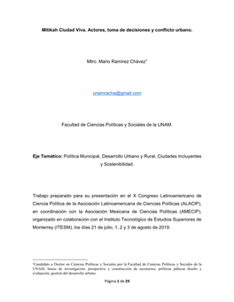 Mitikah Ciudad Viva. Actores, Toma De Decisiones Y Conflicto Urbano. Mtro