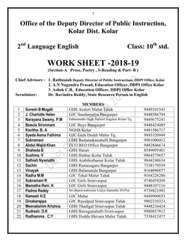 WORK SHEET -2018-19 (Section-A Prose, Poetry , S-Reading & Part- B )