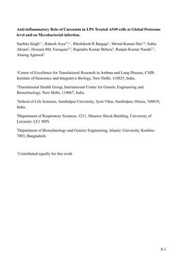 Anti-Inflammatory Role of Curcumin in LPS Treated A549 Cells at Global Proteome Level and on Mycobacterial Infection