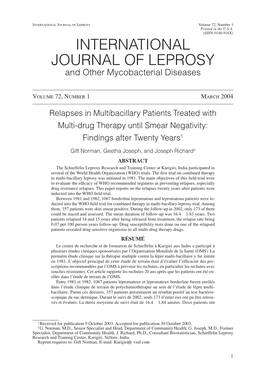 INTERNATIONAL JOURNAL of LEPROSY Volume 72, Number 1 Printed in the U.S.A