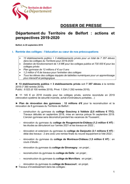 DOSSIER DE PRESSE Département Du Territoire De Belfort : Actions Et