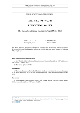 The Education (Listed Bodies) (Wales) Order 2007