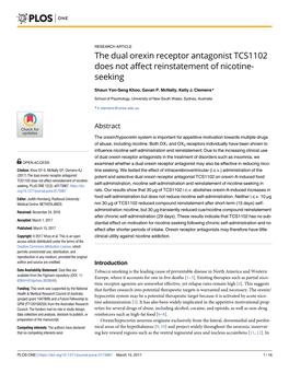 The Dual Orexin Receptor Antagonist TCS1102 Does Not Affect Reinstatement of Nicotine- Seeking