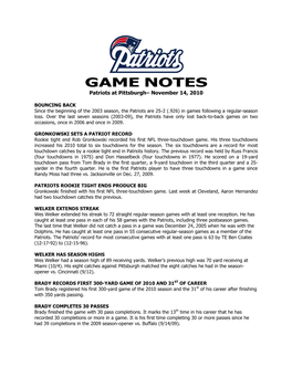 GAME NOTES Patriots at Pittsburgh– November 14, 2010