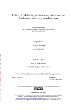 Effects of Habitat Fragmentation and Disturbance on Biodiversity and Ecosystem Functions