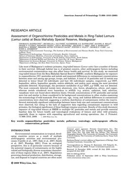 Assessment of Organochlorine Pesticides and Metals in Ring-Tailed Lemurs (Lemur Catta) at Beza Mahafaly Special Reserve, Madagascar