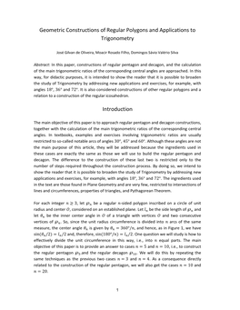 Geometric Constructions of Regular Polygons and Applications to Trigonometry Introduction