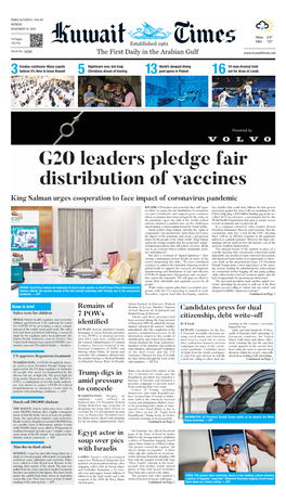 G20 Leaders Pledge Fair Distribution of Vaccines King Salman Urges Cooperation to Face Impact of Coronavirus Pandemic