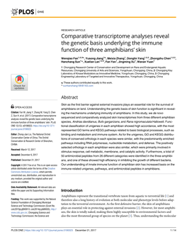 Comparative Transcriptome Analyses Reveal the Genetic Basis Underlying the Immune Function of Three Amphibians’ Skin