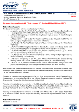 STEWARDS SUMMARY of PENALTIES Page | 1