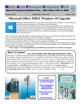 Metro Area Personal Computer Club Microsoft Offers FREE Windows 10