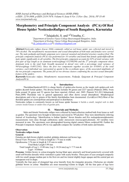 Morphometry and Principle Component Analysis (PCA) of Red House Spider Nesticodesrufipes of South Bangalore, Karnataka