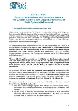 Eurogroup for Animals Response to the Consultation on the European Investment Bank Group's Environmental and Social Sustainability Framework