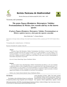 The Genus Pagasa (Hemiptera: Heteroptera: Nabidae: Prostemmatinae) in Mexico, New Records and Key to the Known Species