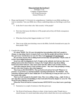 When God Said “Do Not Pray!” Jeremiah 7:1-24 Compass of Salinas/Marina Life Group Discussions January/February #2