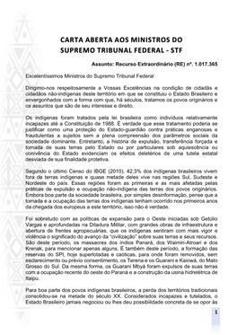 Carta Aberta Aos Ministros Do Supremo Tribunal Federal - Stf