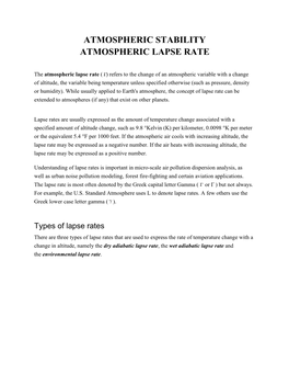 Atmospheric Stability Atmospheric Lapse Rate