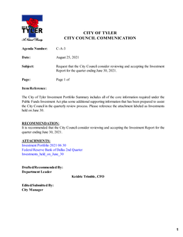 City of Tyler City Council Communication