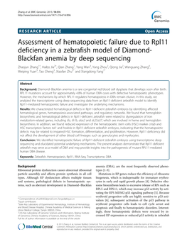 Assessment of Hematopoietic Failure Due to Rpl11 Deficiency in a Zebrafish Model of Diamond-Blackfan Anemia by Deep Sequencing