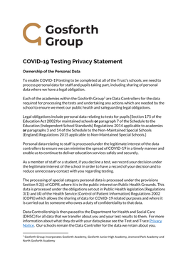 COVID-19 Testing Privacy Statement