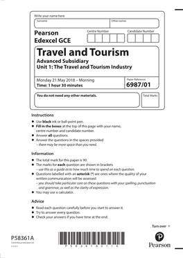 Travel and Tourism Advanced Subsidiary Unit 1: the Travel and Tourism Industry