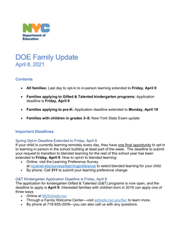 DOE Family Update: April 8, 2021