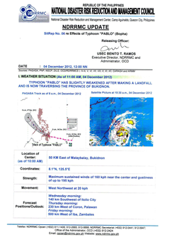 Update Re Sitrep No.6 Typhoon PABLO As of 04 Dec 2012, 12NN