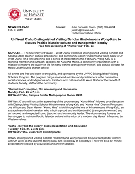 Practitioner, and Community Leader Hinaleimoana Wong-Kalu to UH West Oʻahu for a Film Screening and a Series of Presentations This February