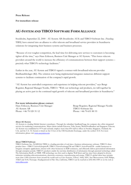 Au-System and Tibco Software Form Alliance