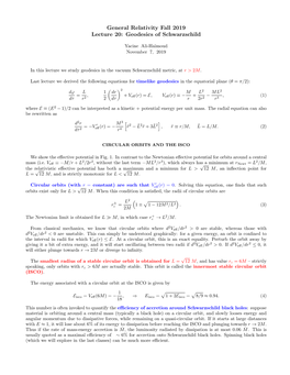 General Relativity Fall 2019 Lecture 20: Geodesics of Schwarzschild