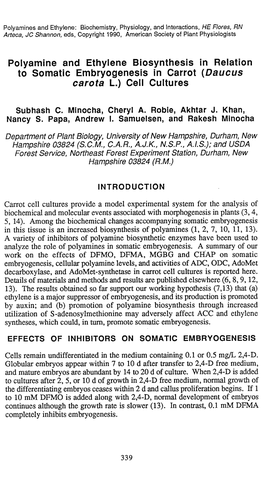 Polyamine and Ethylene Biosynthesis in Relation to Somatic Embryogenesis in Carrot (Daucus Carota L.) Cell Cultures