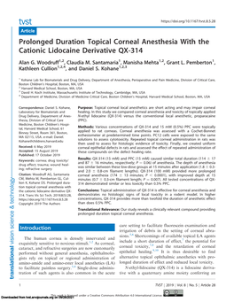 Prolonged Duration Topical Corneal Anesthesia with the Cationic Lidocaine Derivative QX-314